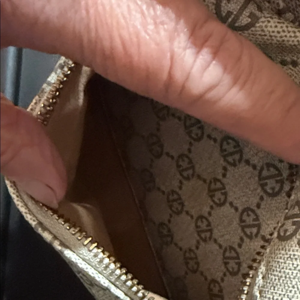 Adrienne Vittadini AV Monogram Mini Backpack Beige Gold Logo Pocket